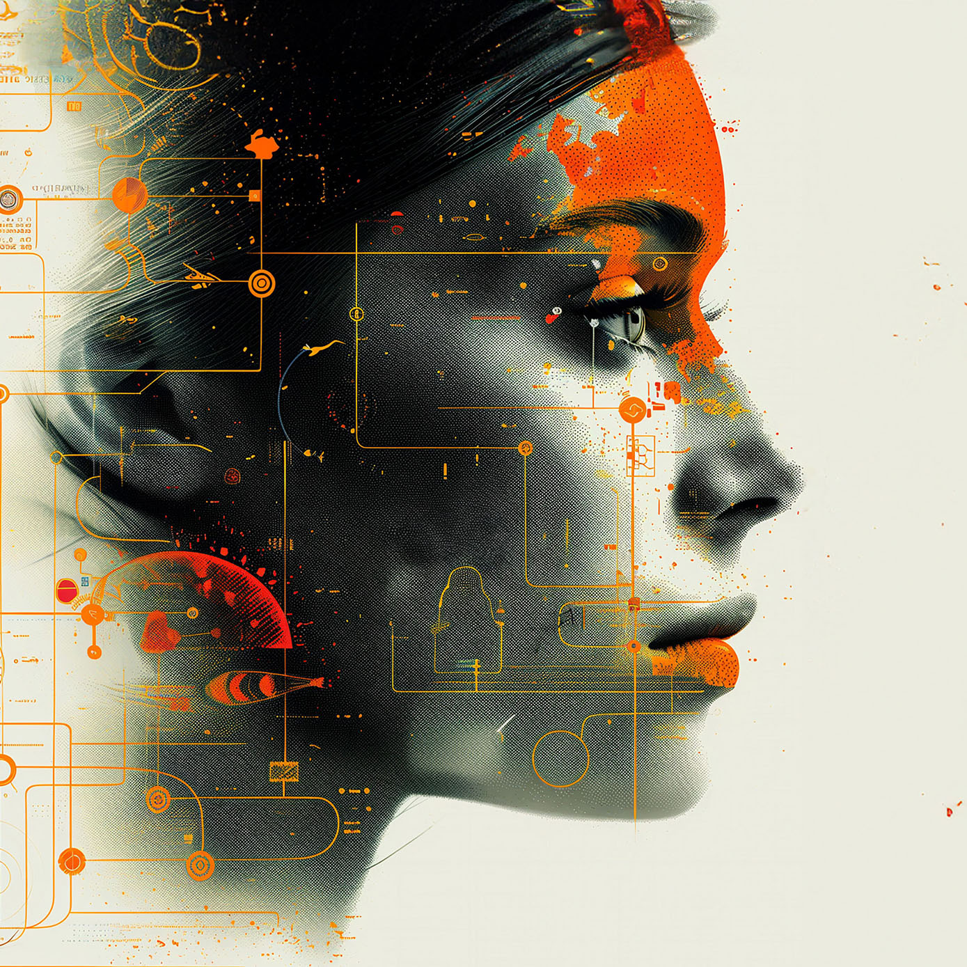 Digital art of a woman's profile overlaid with cybernetic and schematic elements