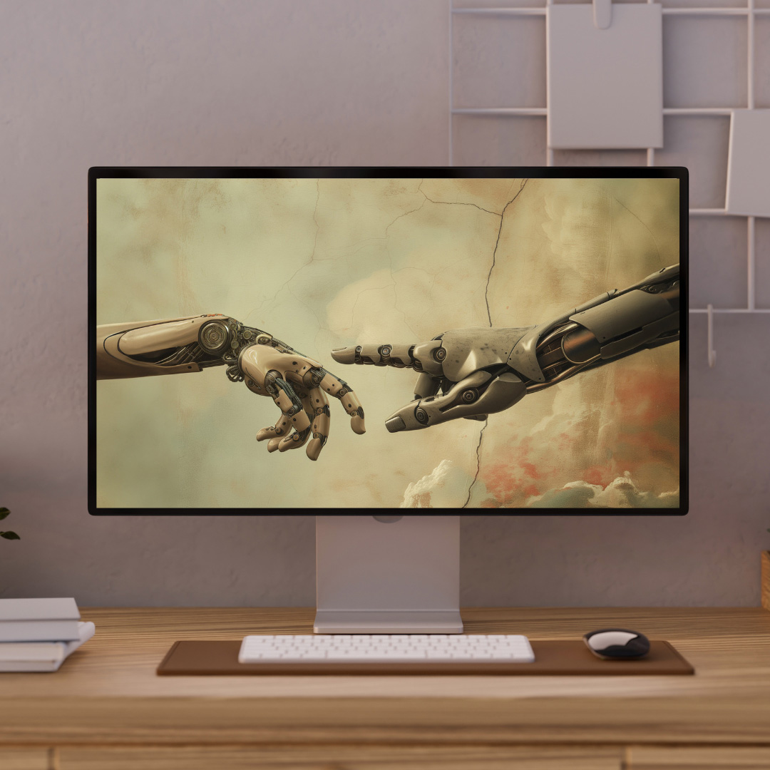 Computer monitor displaying the iconic image of two robotic hands reaching towards each other.