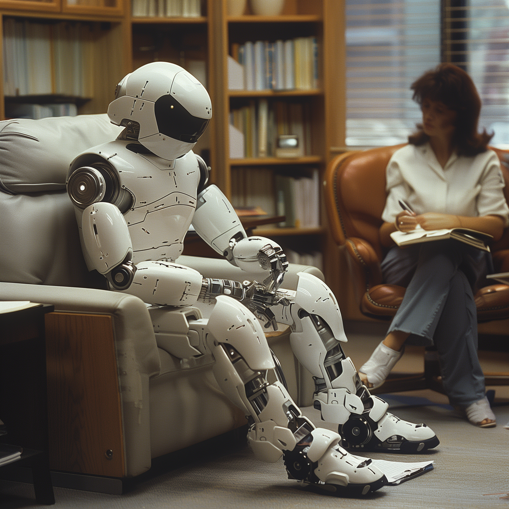 a humanoid robot sitting on a couch next to a therapist